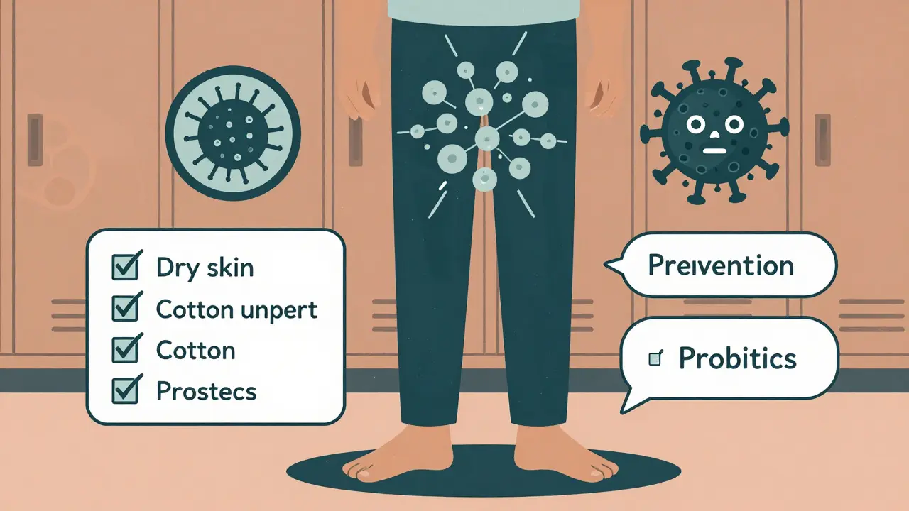 Person in locker room with infection icons above, prevention tips as bubbles, duotone art
