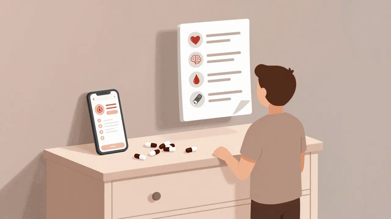 Person organizing pills with a medication app and checklist, symbolizing preparedness for new treatment.