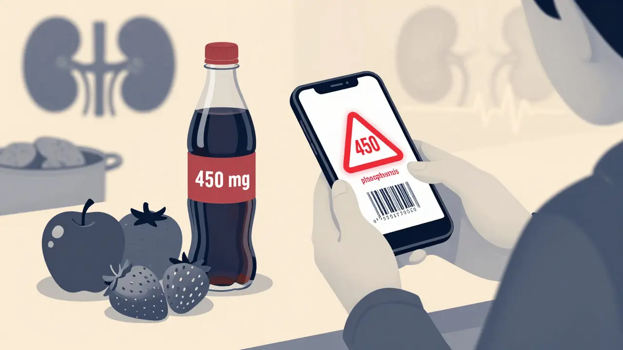 Person scanning soda barcode with phosphorus warning, low-potassium fruits nearby, abstract kidney icons.