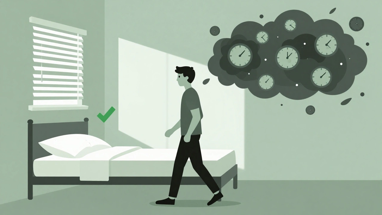 Person walking out of bed at 6 a.m. as insomnia shadows fade behind them.