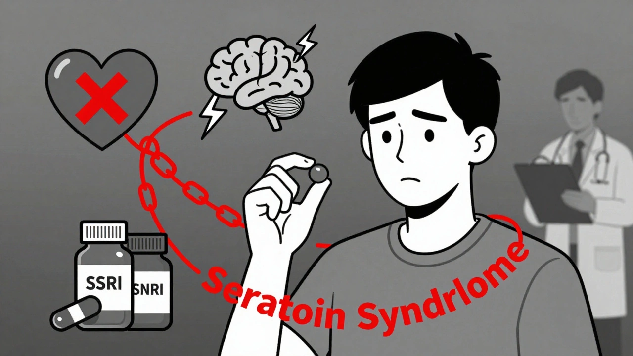 Person with triptan pill surrounded by warning symbols for drug interactions and serotonin syndrome.