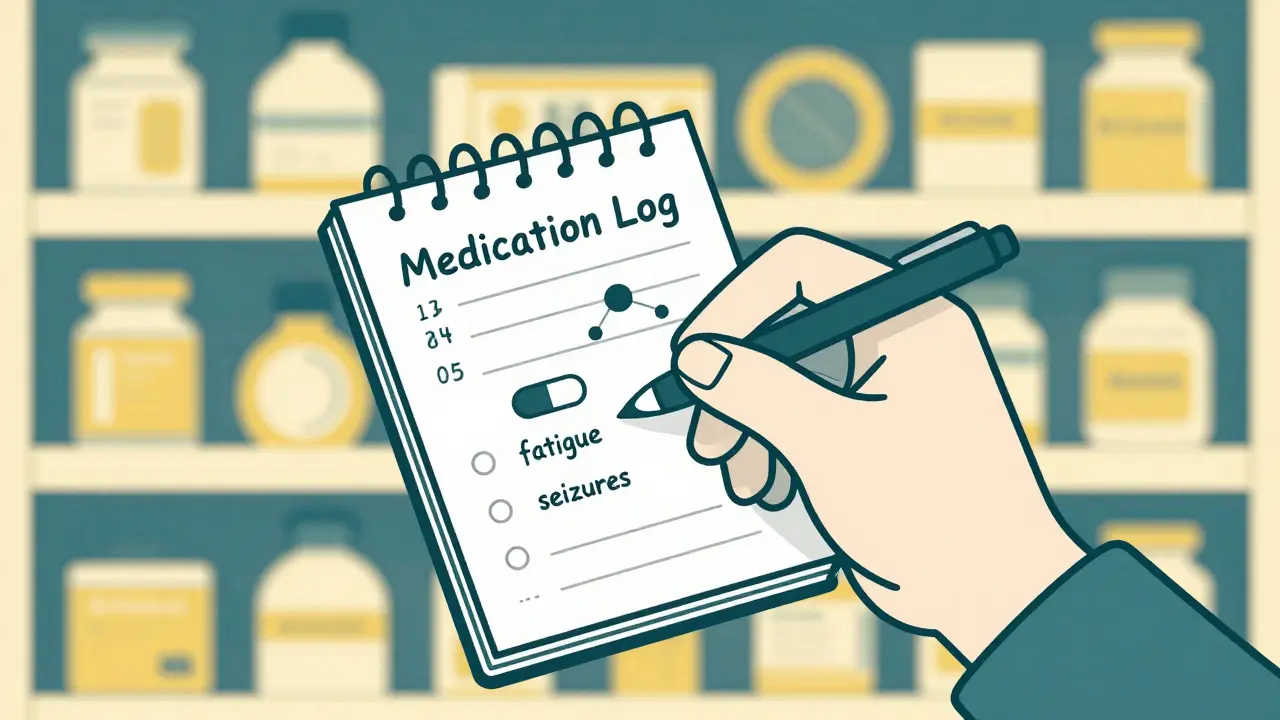 Person writing down medication changes and symptoms in a journal at the pharmacy.