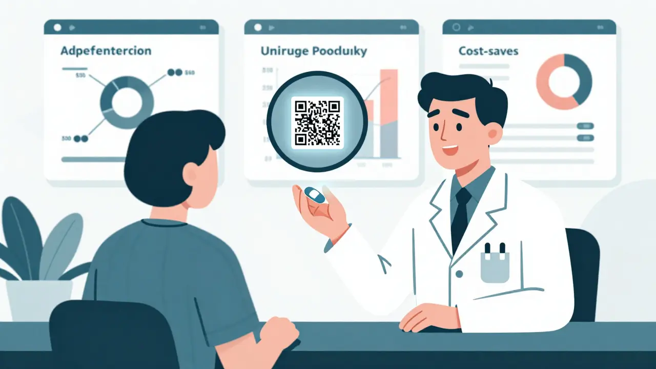 Pharmacist giving patient tablet with QR code linking to video instructions