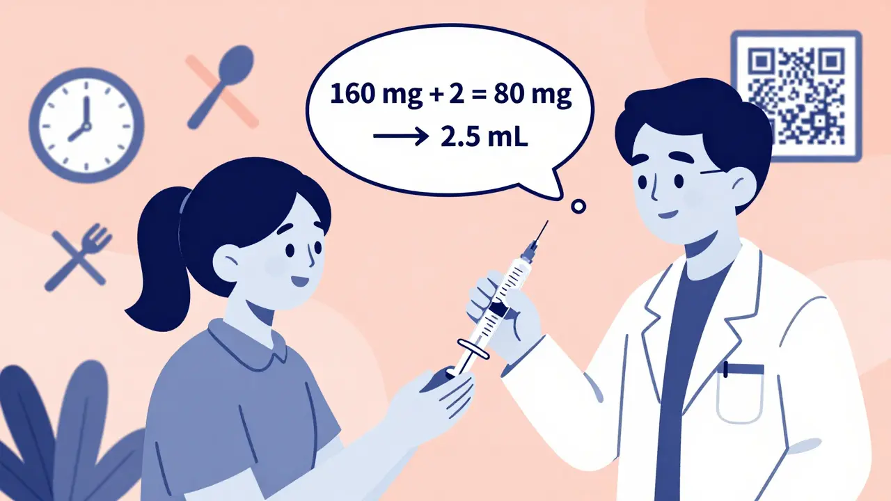 Pharmacist helping a parent measure 2.5 mL of medicine using a syringe with visual math guide.
