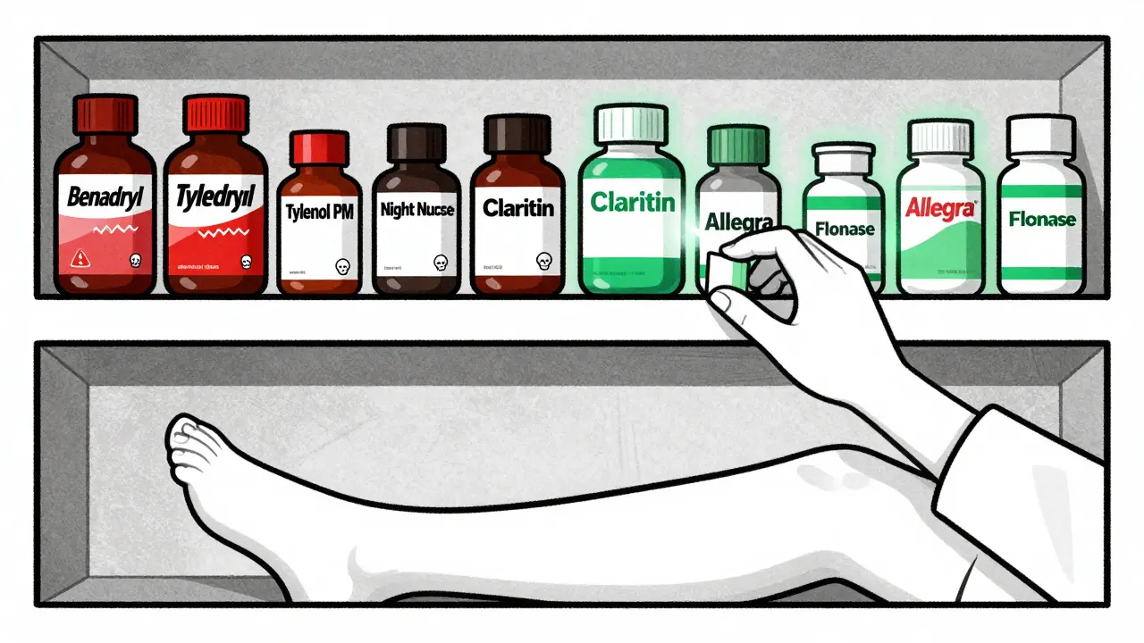 Pharmacy shelf with dangerous sedating antihistamines on red side and safe options glowing on green side.
