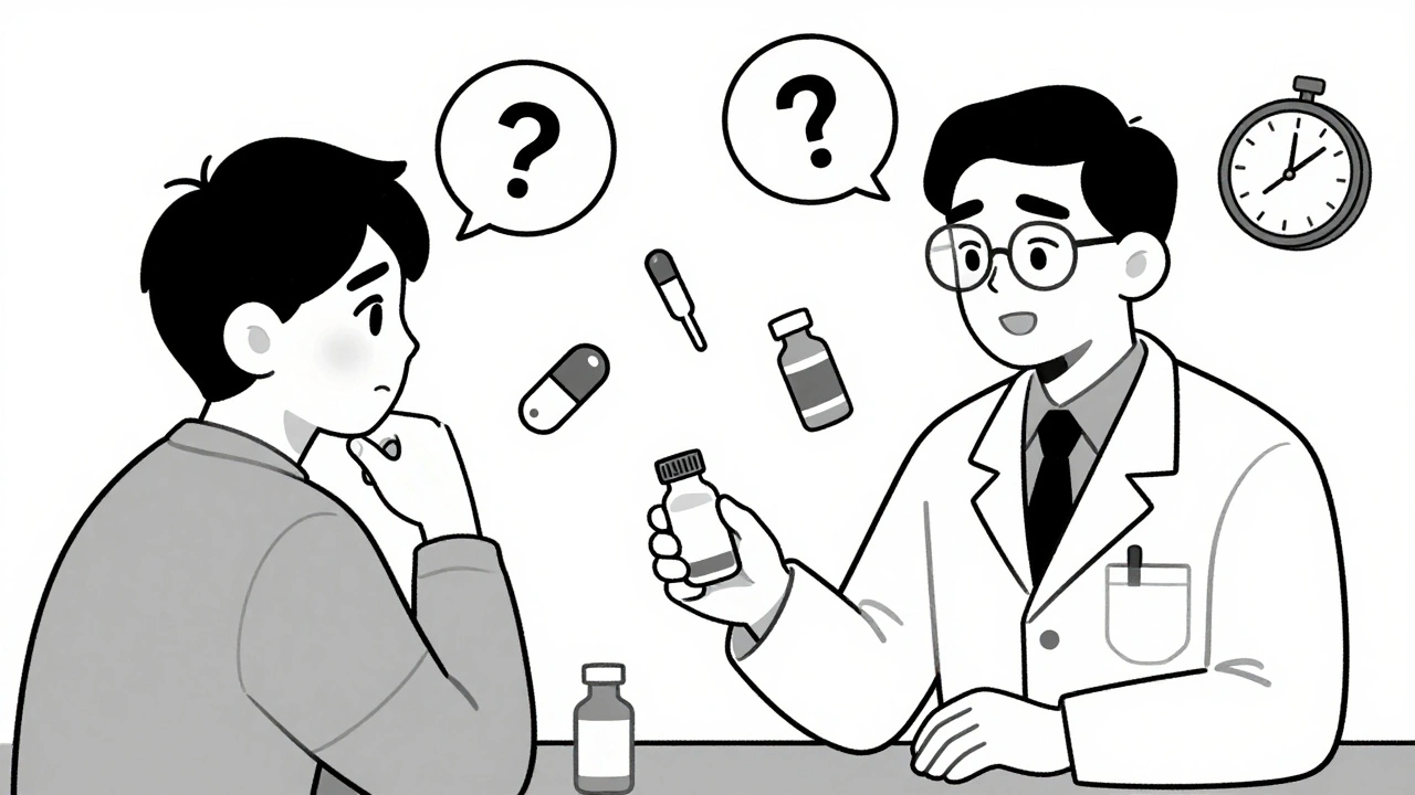 Pharmacy technician and patient engage in counseling, with visual symbols of medication errors floating nearby.
