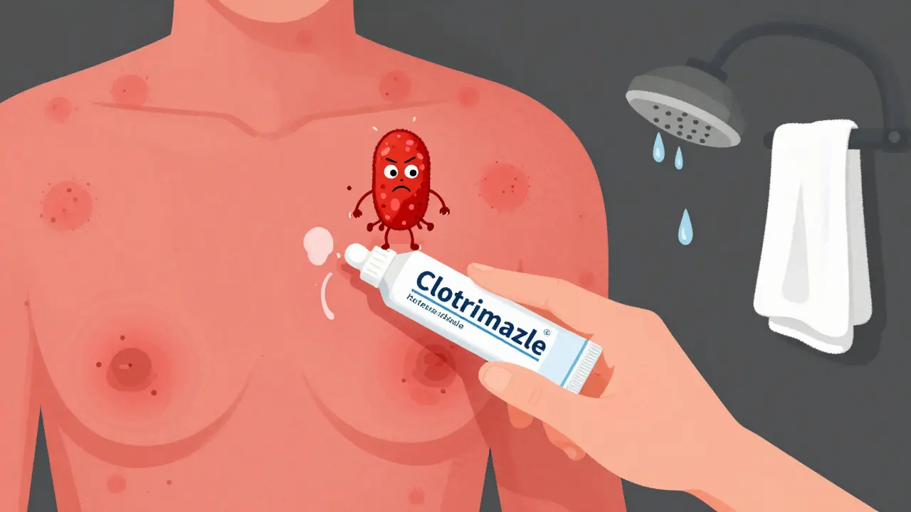 Red moist rash with small bumps in skin fold, cream being applied, duotone style