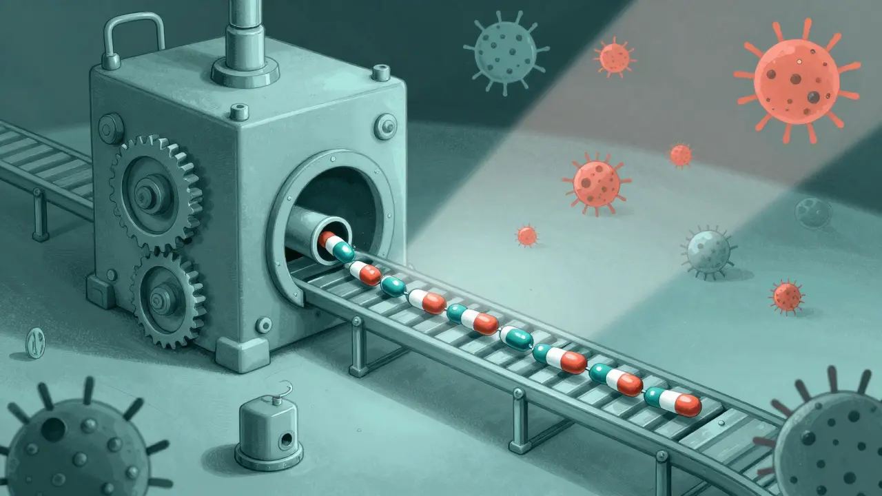 Ribosome factory jammed by antibiotic molecules, stopping protein production in bacteria.