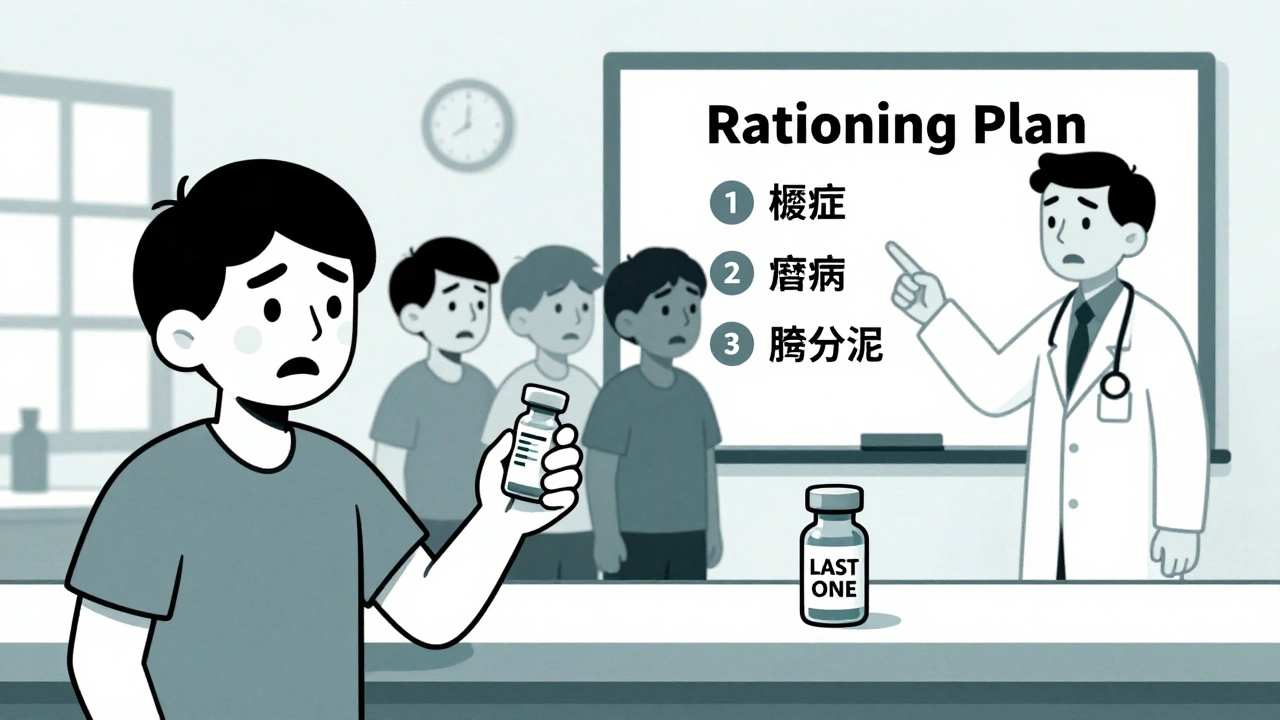 Rural clinic patient holding expired insulin as doctor points to rationing chart.