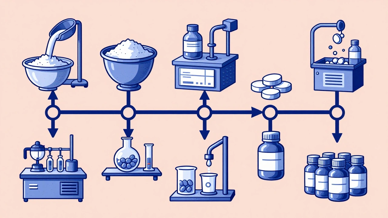 Seven-step manufacturing process of generic drugs shown as a stylized vertical flowchart.