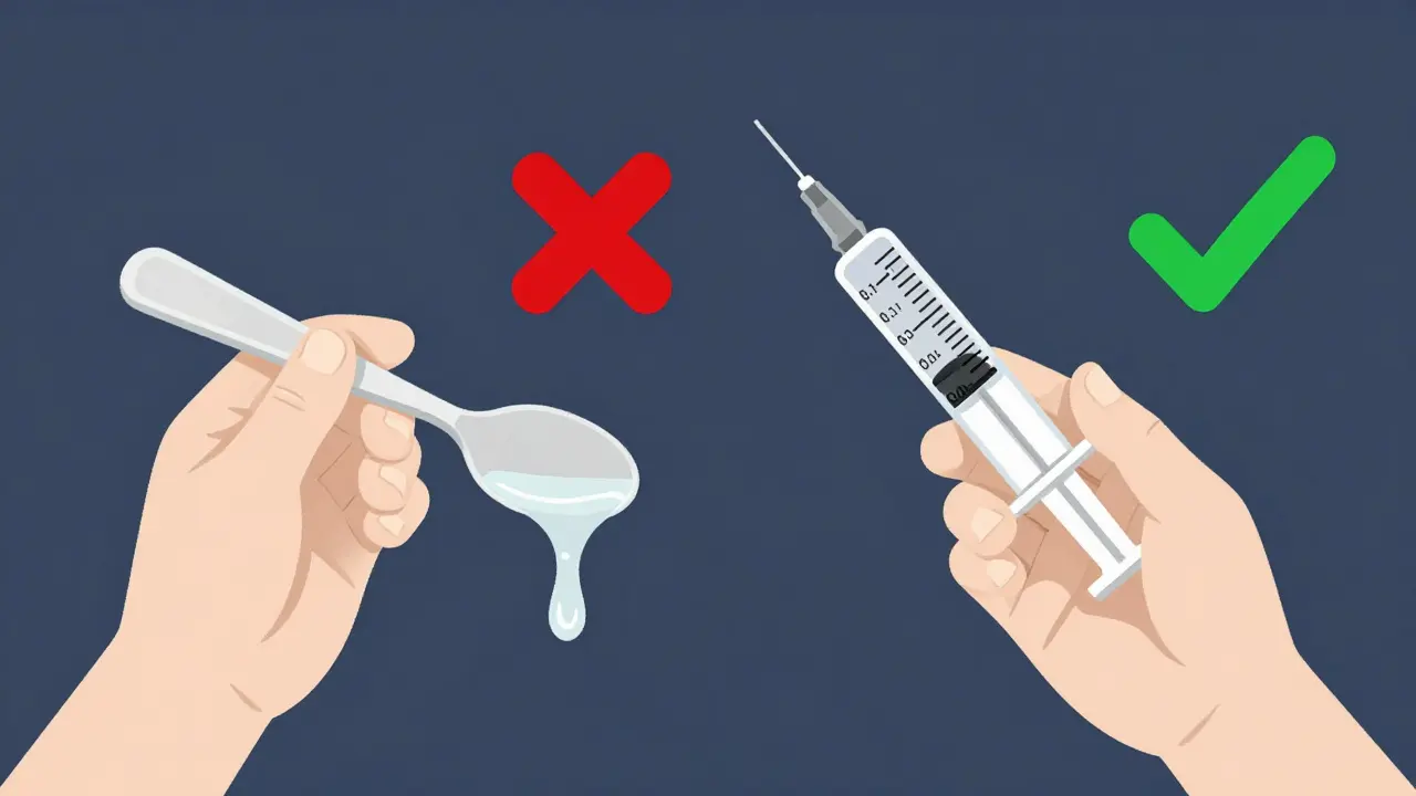 Side-by-side comparison: kitchen spoon vs. precise oral syringe for measuring liquid medicine.