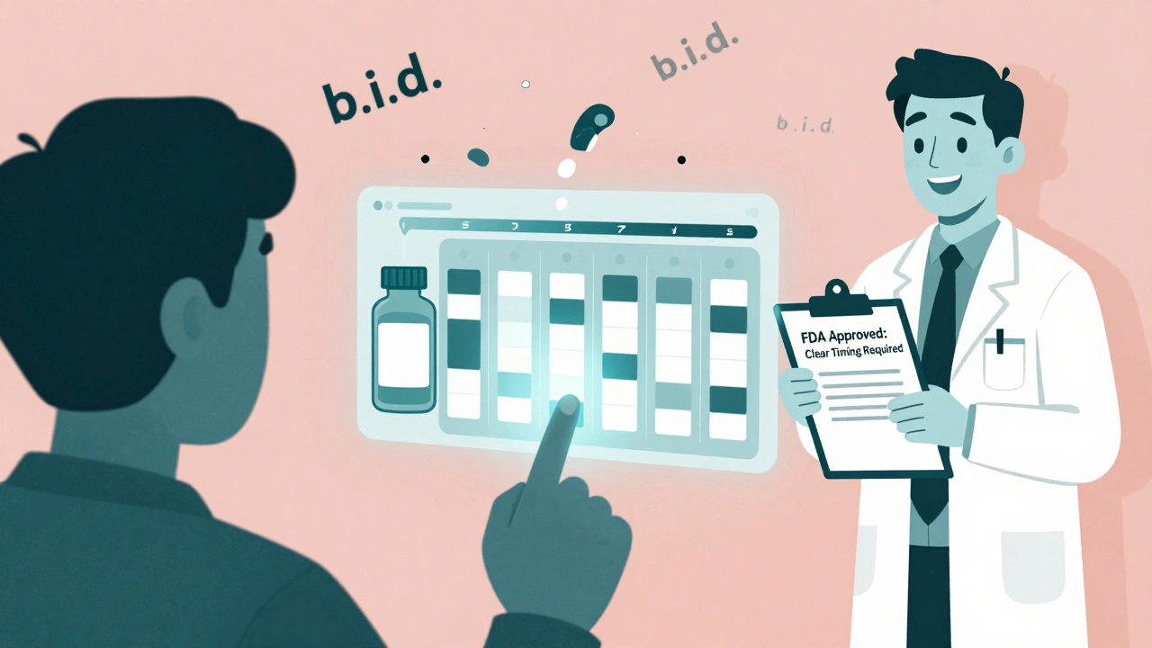 Smartphone projecting a 7-day medication schedule over a pill bottle, pharmacist nearby.