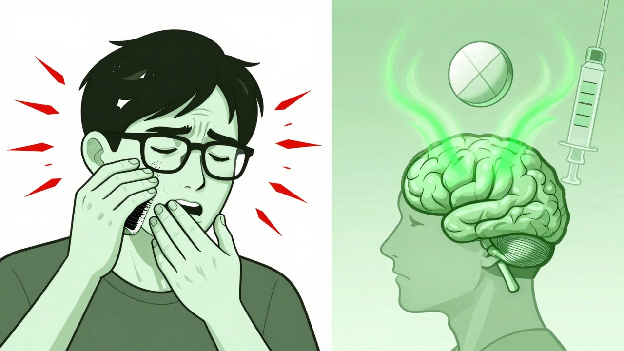 Split illustration: left shows painful skin sensitivity during migraine, right shows calming alternative treatment.