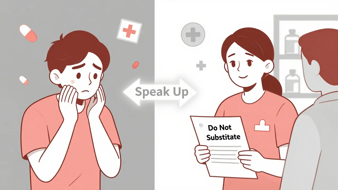 Split illustration showing concern turning to confidence after speaking with a pharmacist.