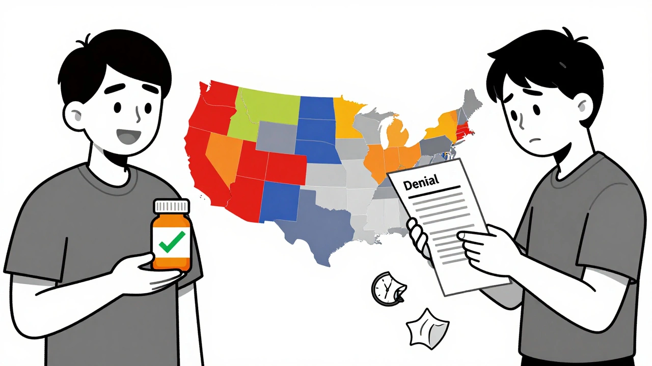 Split scene: one patient helped by generic drug, another crushed by denial letter, with U.S. map showing state vs federal coverage gaps.