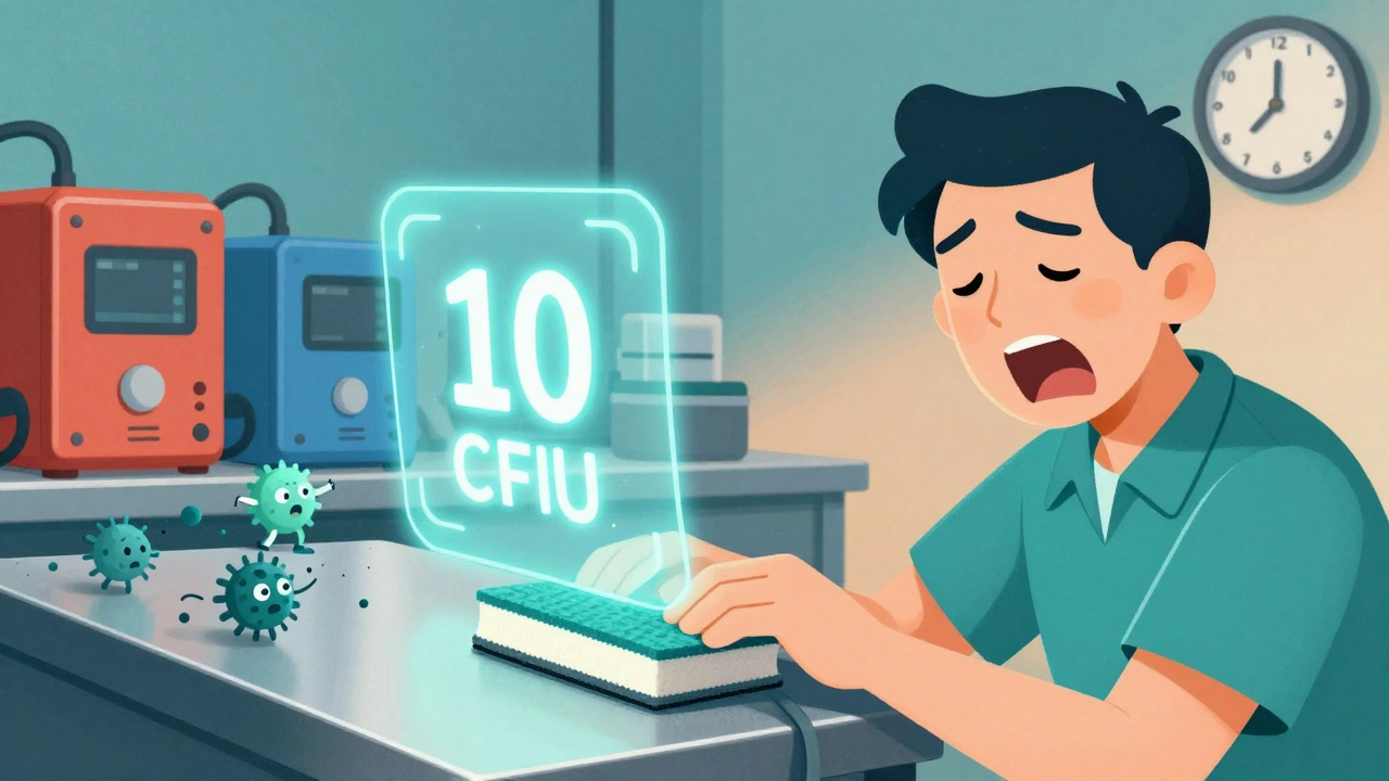 Technician swabbing equipment with glowing microbial readout, color-coded tools and tired worker in background.