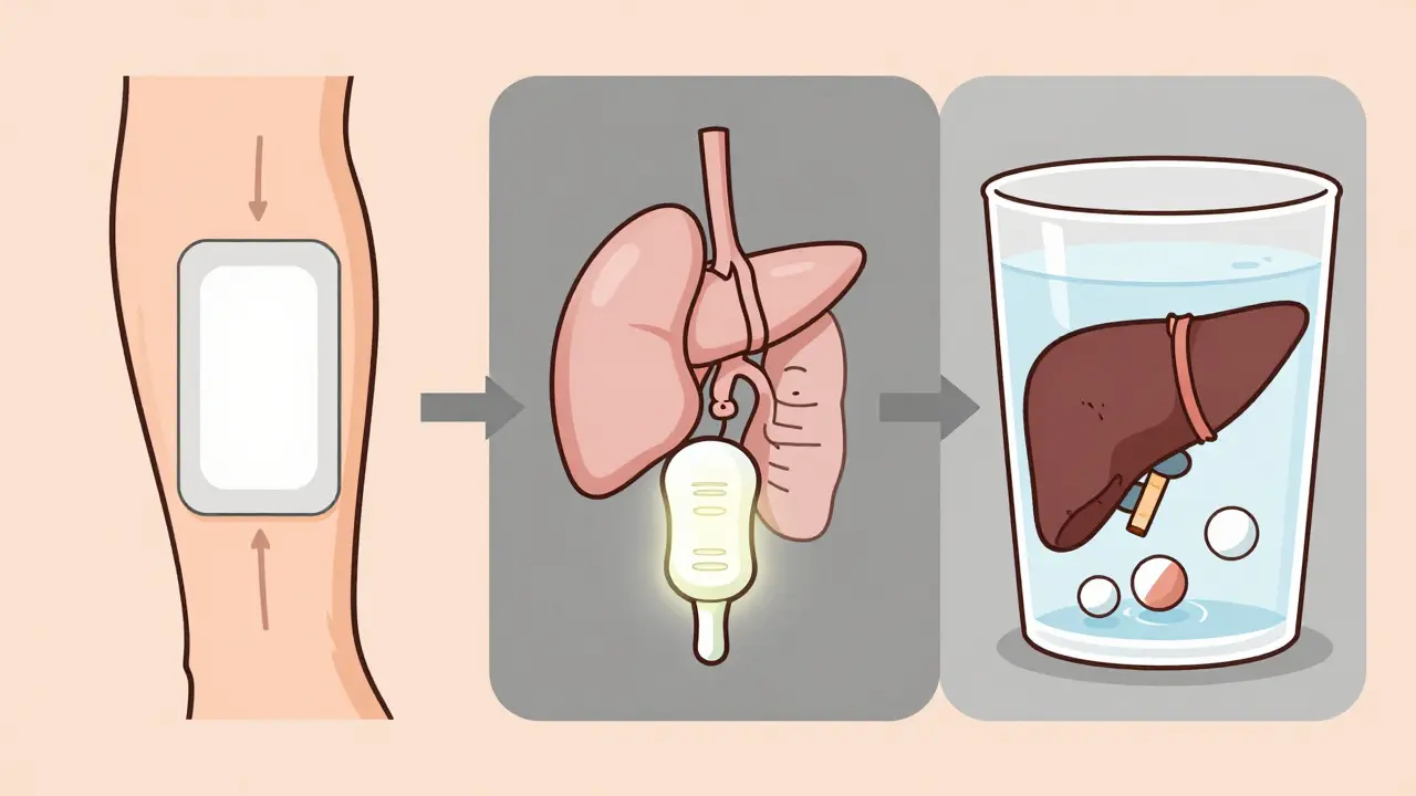 Three hormone therapy delivery methods shown with pathways through the body: patch, insert, and pill.