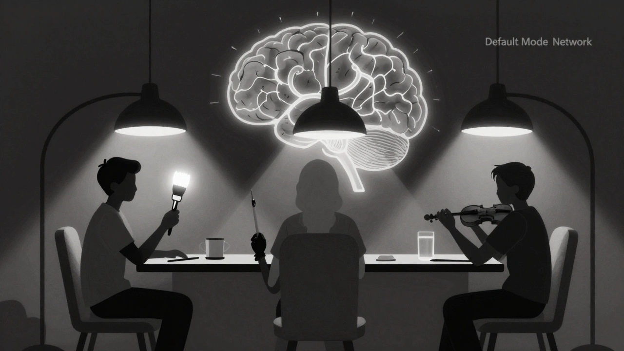 Three silhouettes hold creative tools under a lamp, each affected differently by a dimming neural glow behind them.