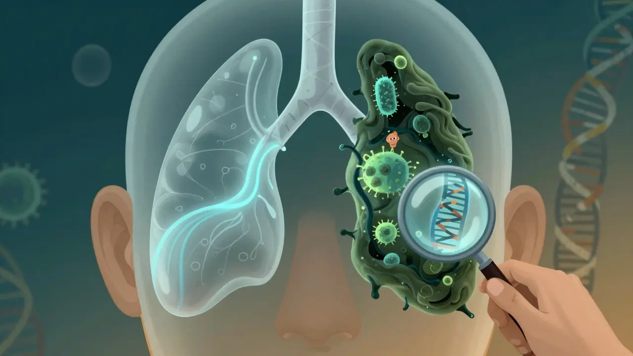 Transparent head showing clear vs. infected sinuses, with bacteria and genetic code symbols in duotone style.