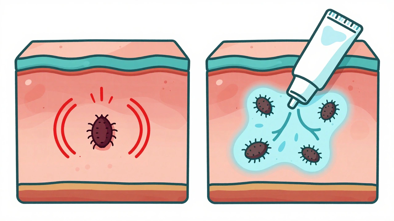 Two skin cross-sections showing scabies mites being calmed by crotamiton&#039;s effect.
