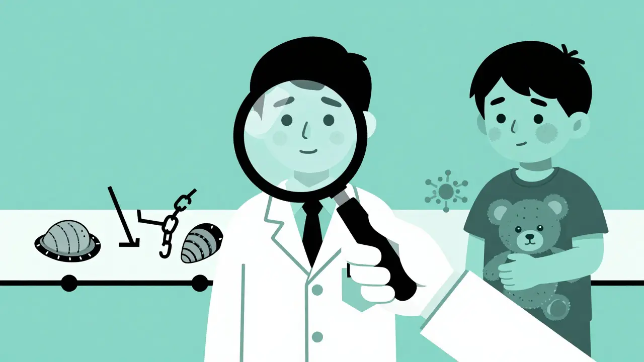Two timelines comparing rapid food allergy reactions to delayed drug rash reactions, with a child and viral rash in the background.