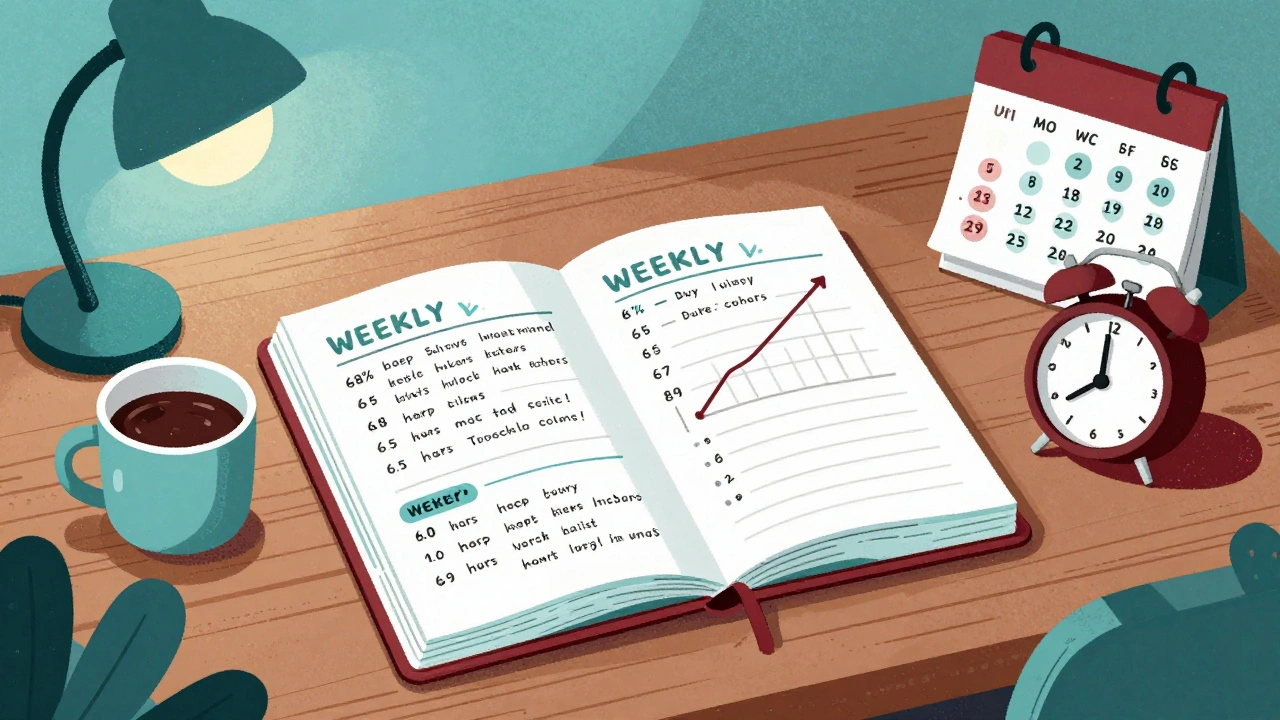Weekly sleep diary with graph showing improved sleep efficiency, on a wooden desk.