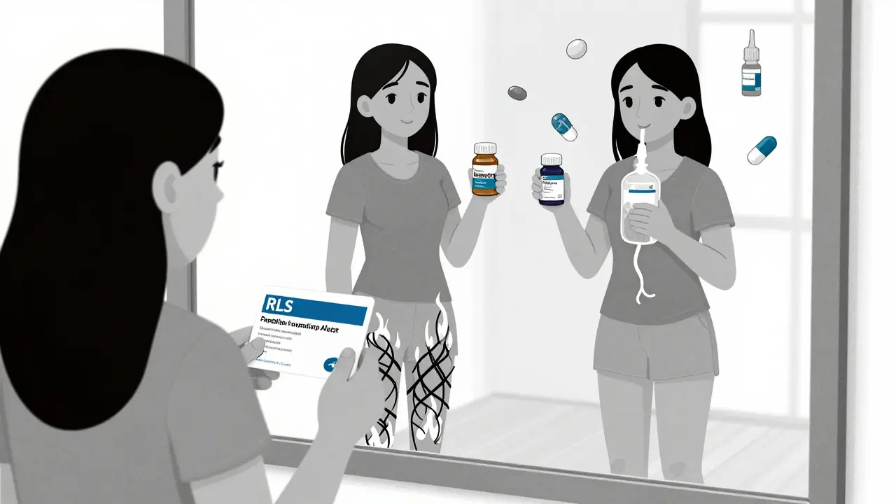 Woman holding RLS safety card, mirror showing contrast between suffering and relief from proper meds.