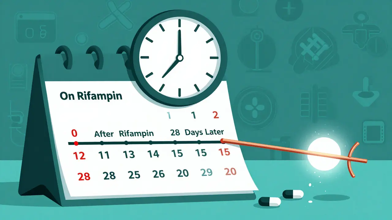 A 28-day timeline showing rifampin’s lasting effect with a copper IUD as the safe solution.