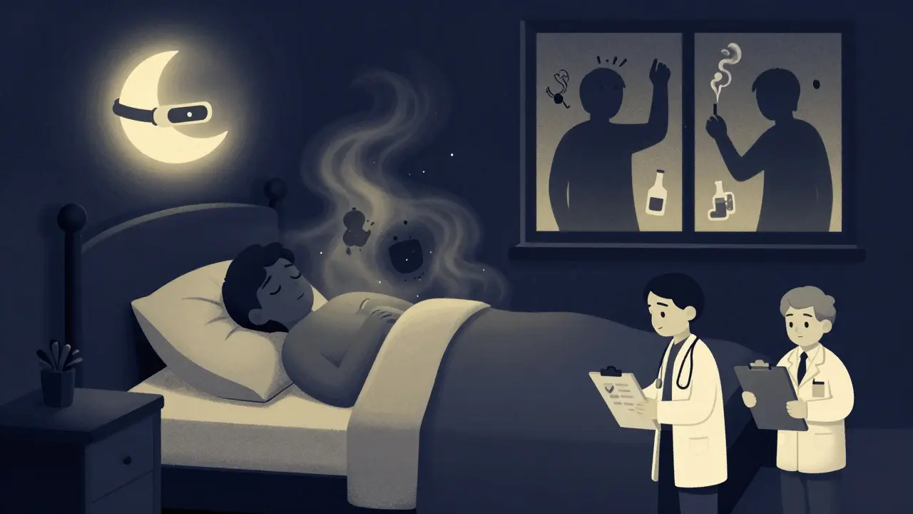 A person sleeping peacefully as stress and unhealthy habits fade away.