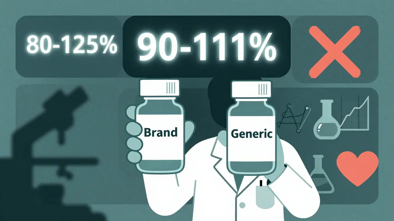 A scientist comparing pill bottles with bioequivalence ranges displayed as glowing numbers, in duotone illustration style.