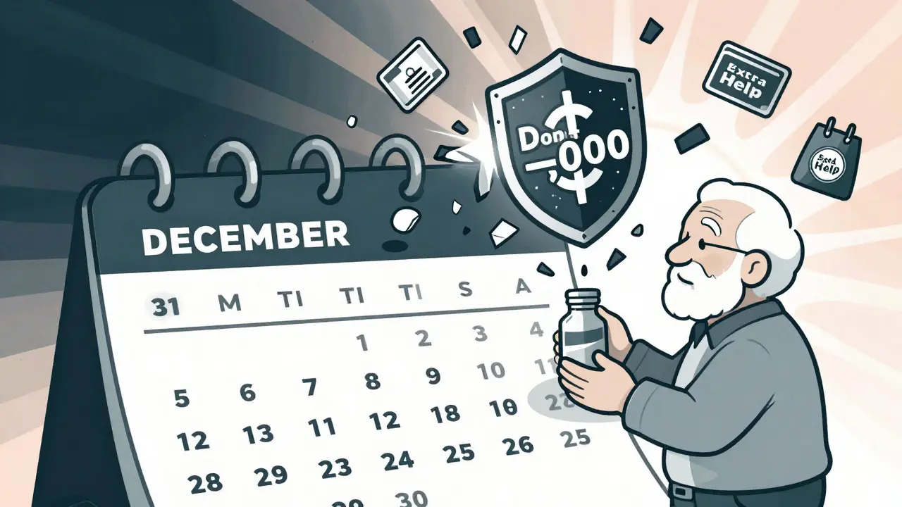 Calendar flipping to 2025 as donut hole breaks, 00 cap shield protecting medications