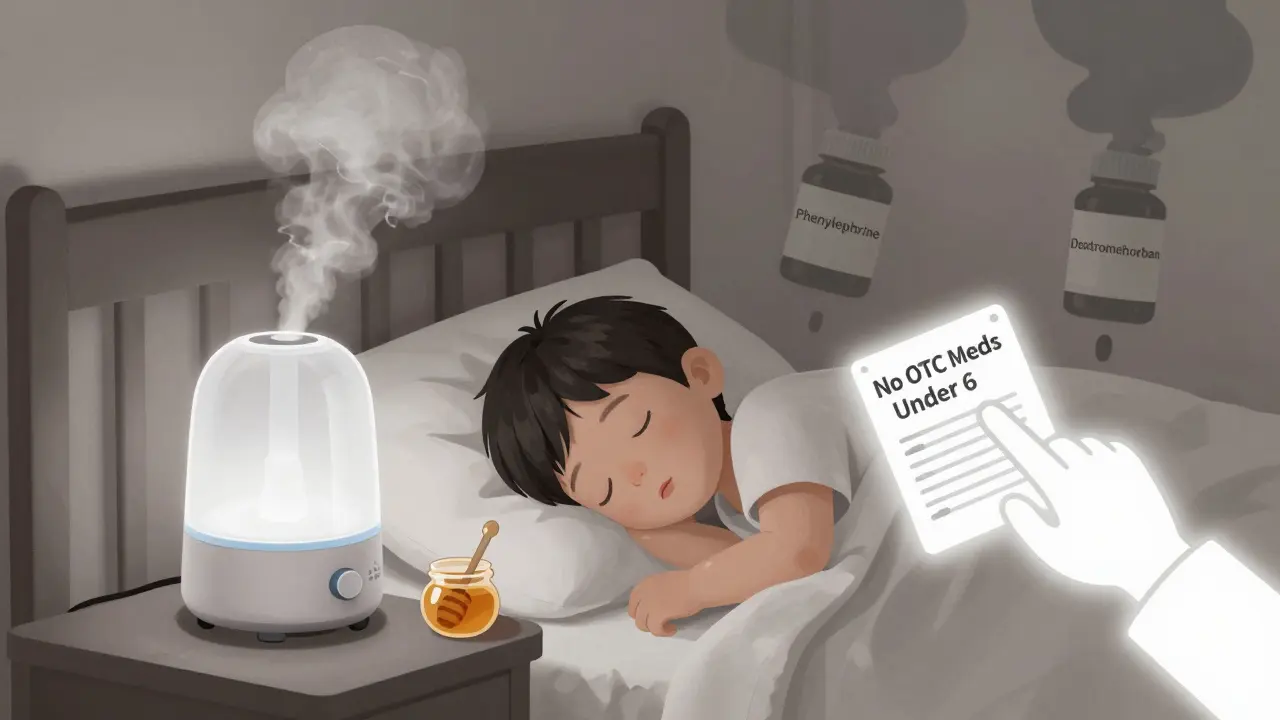 Child sleeping peacefully with honey and humidifier, while faded cold medicine bottles dissolve into smoke.