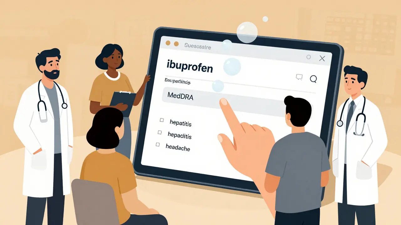 Diverse group exploring adverse event reports on a transparent tablet with floating medical terms