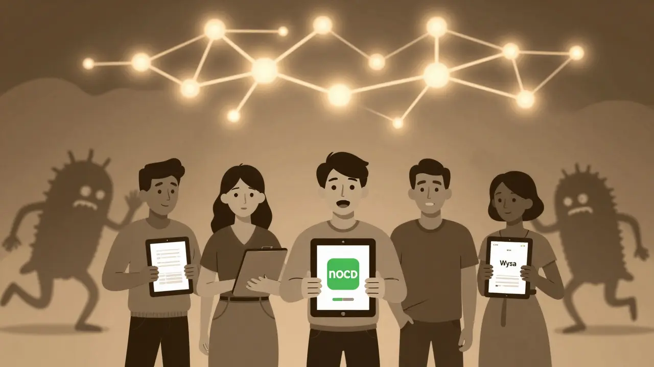 Diverse individuals using mental health apps under glowing neural pathways as anxiety fades in background.