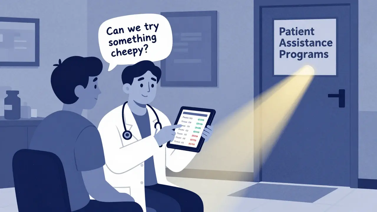 Doctor and patient reviewing drug prices on tablet with path to assistance programs