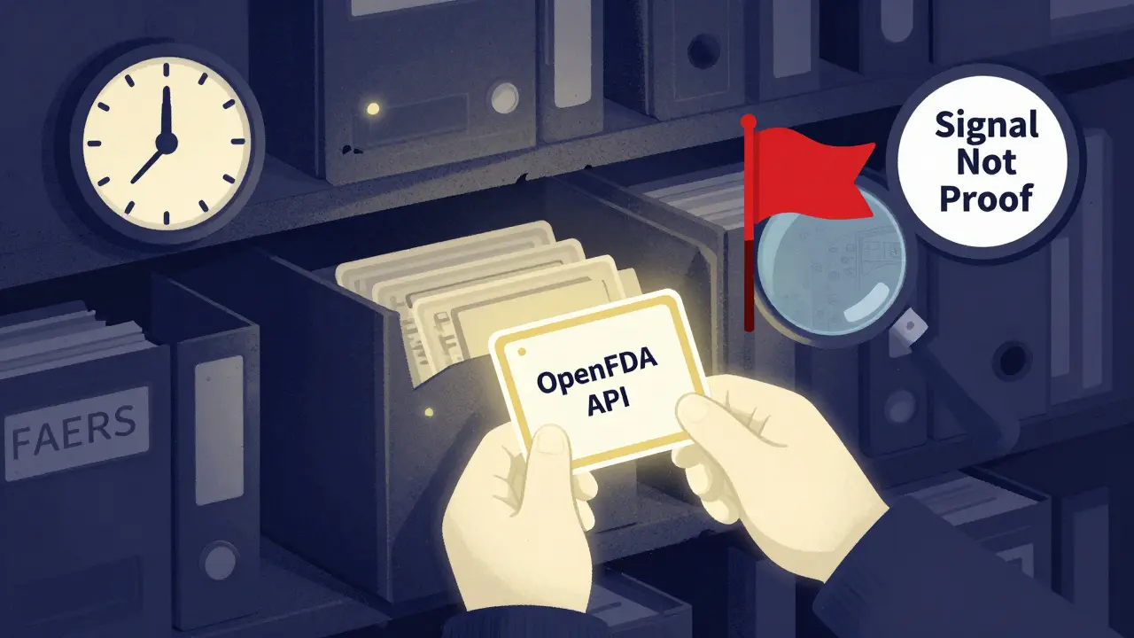 Dusty FAERS files being digitized into OpenFDA cards with a 90-day delay clock and warning flag