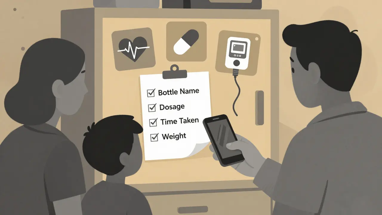 Family checks medication checklist taped to cabinet, icons of pill, heart, and CO detector float above.