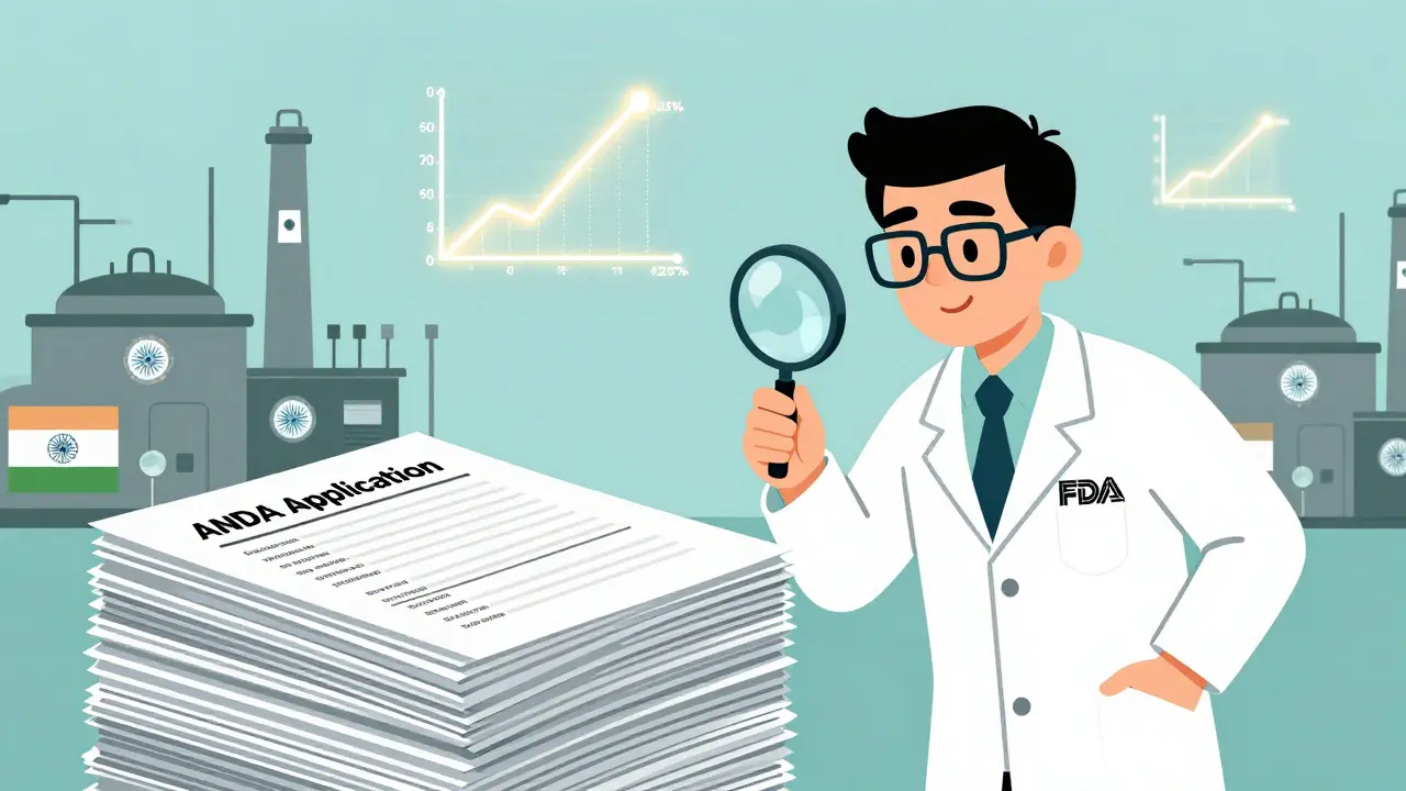 FDA inspector reviewing thick documents with factories and bioequivalence graphs in the background.