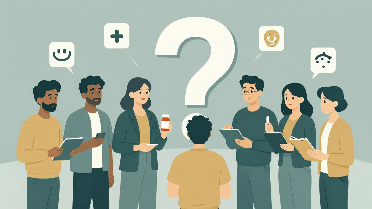 Group of people holding pill bottles around a question mark made of arrows, with side effect icons floating nearby.