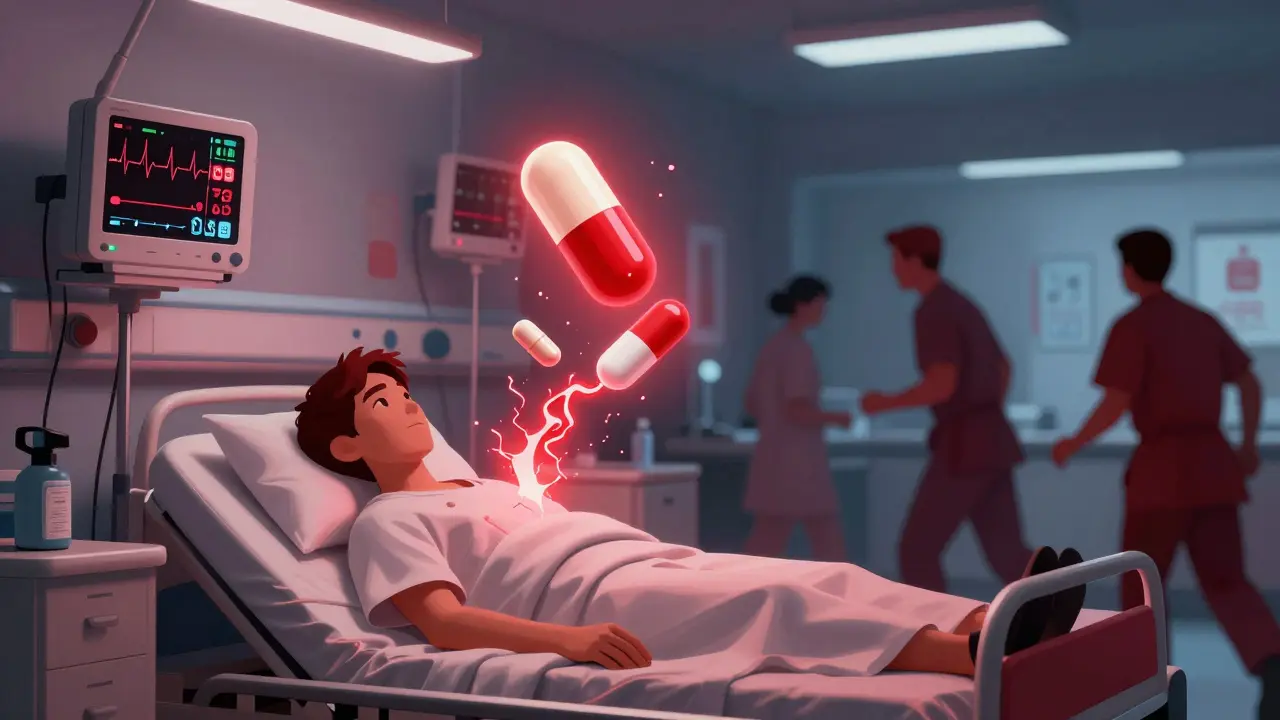 Hospital ICU scene with patient on monitors, rhodiola and SSRI pills connected by a red energy chain.