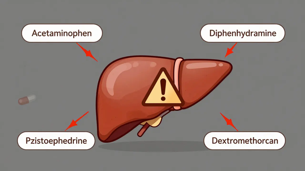 Liver with warning signs connected to five common OTC drug pills in stylized duotone illustration