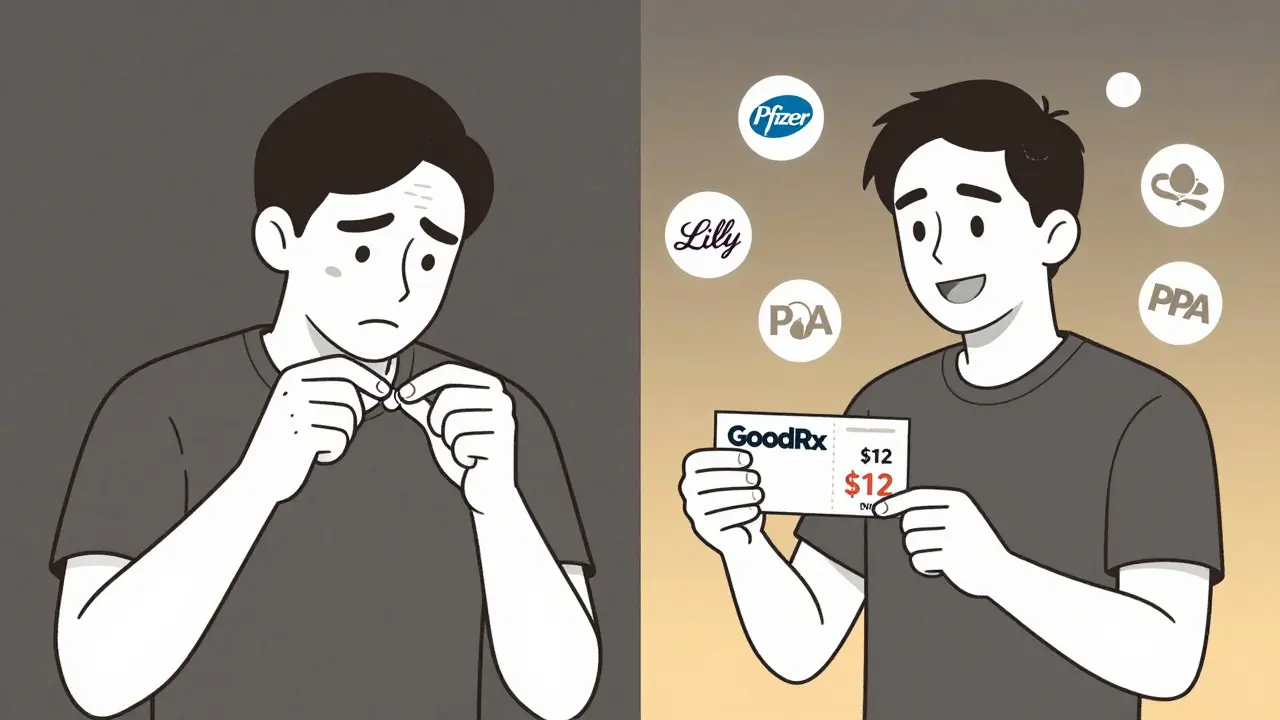Man splitting pill on one side, smiling with discount coupon on the other