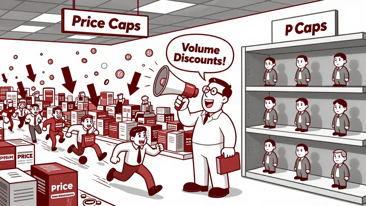 Multiple US drug makers compete by lowering prices, while few European makers stand under price caps, in duotone illustration.