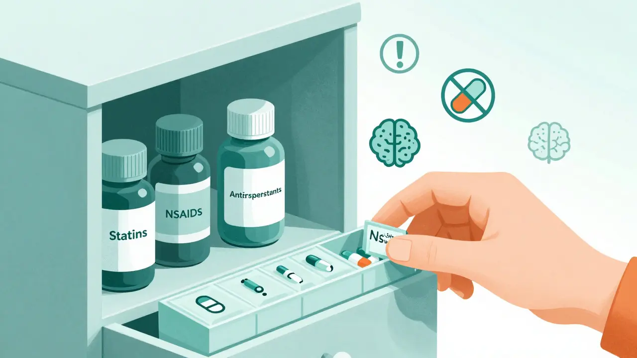 Open medicine cabinet with labeled pills and warning icons, hand reaching for pill organizer.