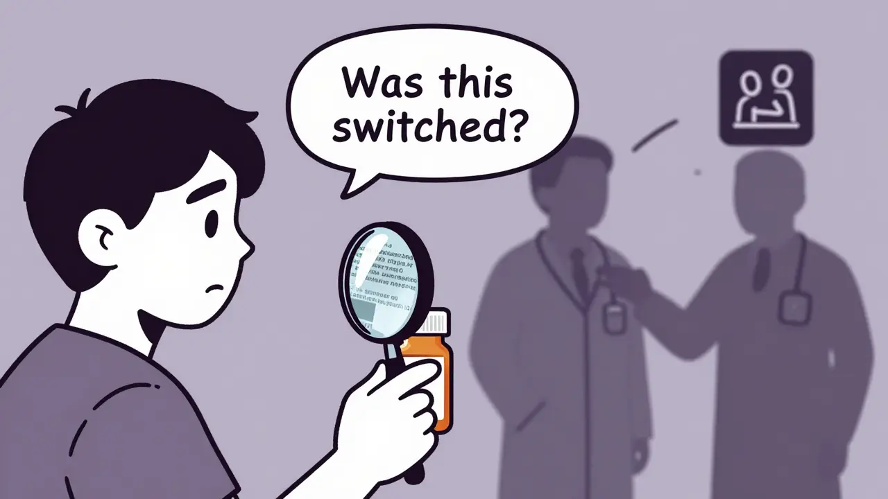Patient examines prescription label for hidden ingredients after possible switch