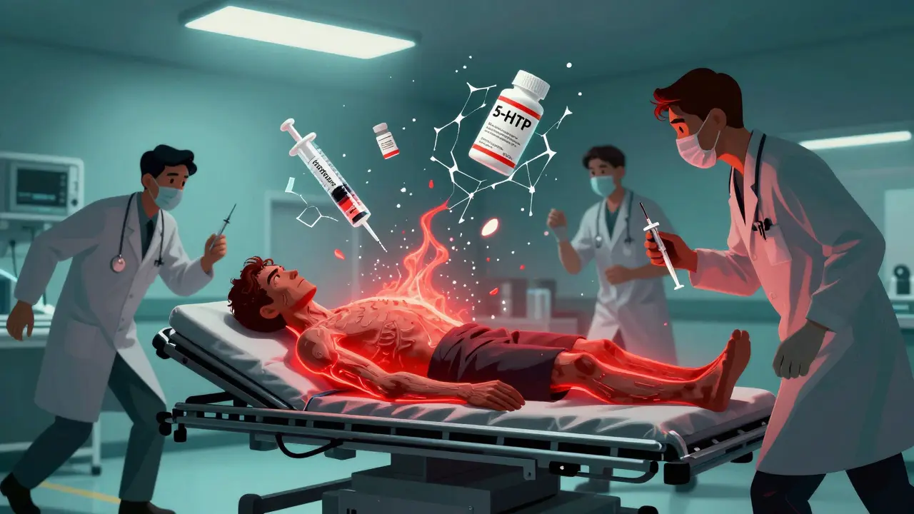 Patient in ER with muscle rigidity and glowing fever pulses as doctors administer treatment.