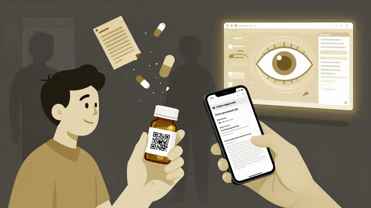 Patient scans QR code on generic drug label to view live FDA-approved label, outdated paper inserts fading away.