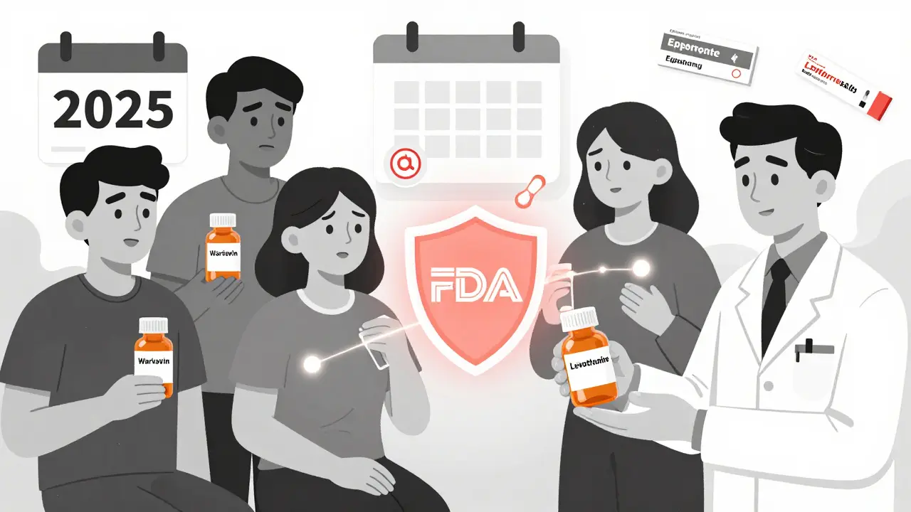 Patients holding medication bottles connected to an FDA shield, with one pharmacist offering a consistent generic brand.