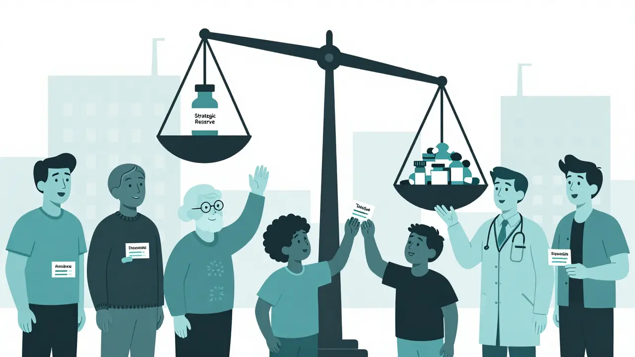 Patients reaching toward empty spaces where medicines should be, with a scale tipping between one vial and many empty bottles.