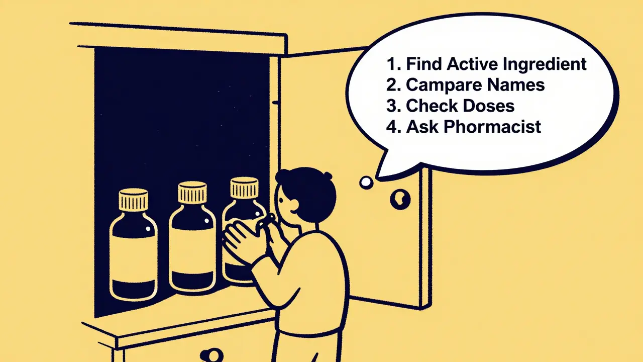 Person checking medicine cabinet with checklist thought bubble in bold duotone cartoon style
